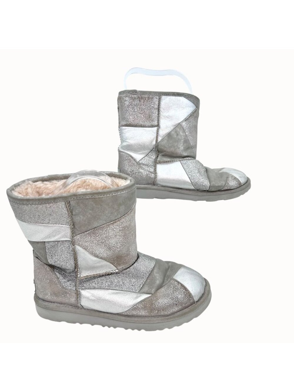 UGG SILVER METALLIC GLITTER PATCHWORK SHORT BOOTS - 5